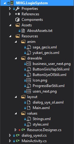 Xamarin android ile giriş yapısı Solution Exlorer Ekrangörüntüsü