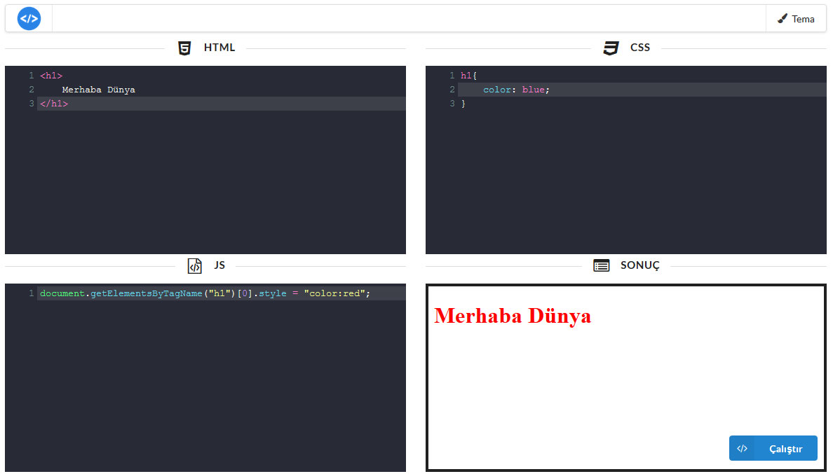 Html, Javascript, CSS Kod Editörü 1 playground editor for web programing